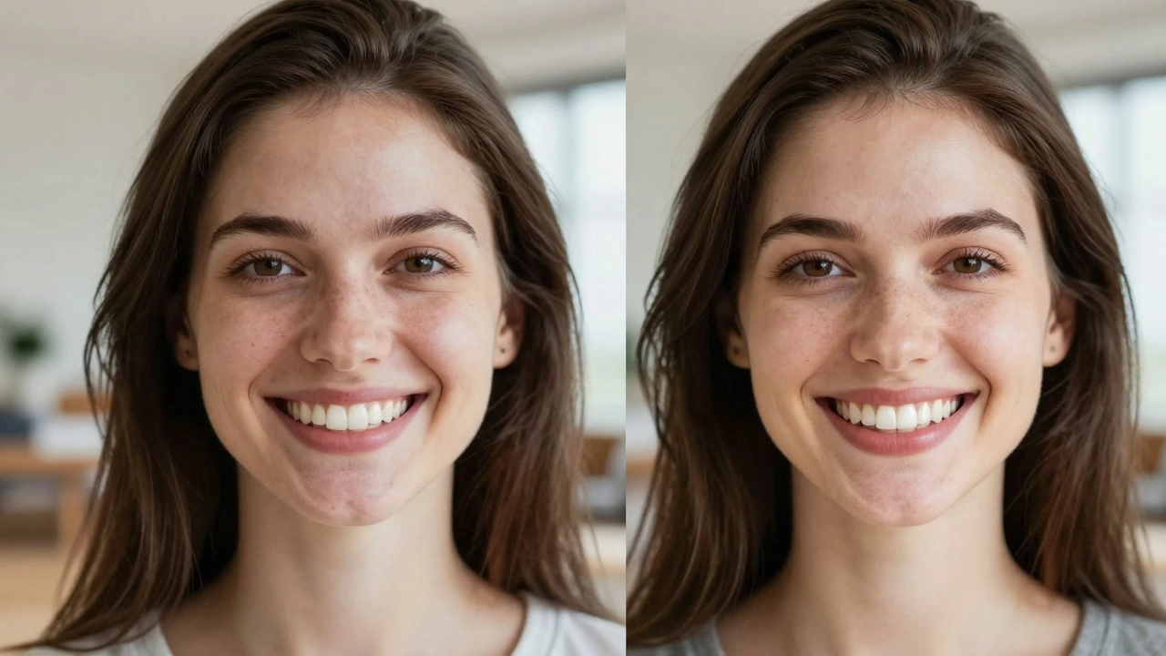 Před a po transformaci úsměvu s přirozeně vypadajícími celokeramickými fazetami.