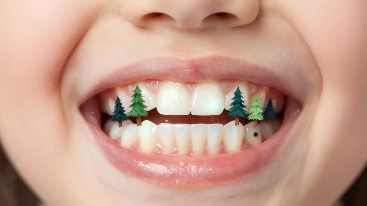 Představivý obraz čištění zubů jemnými štětinami, které odstraňují zubní placku jako škůdce.