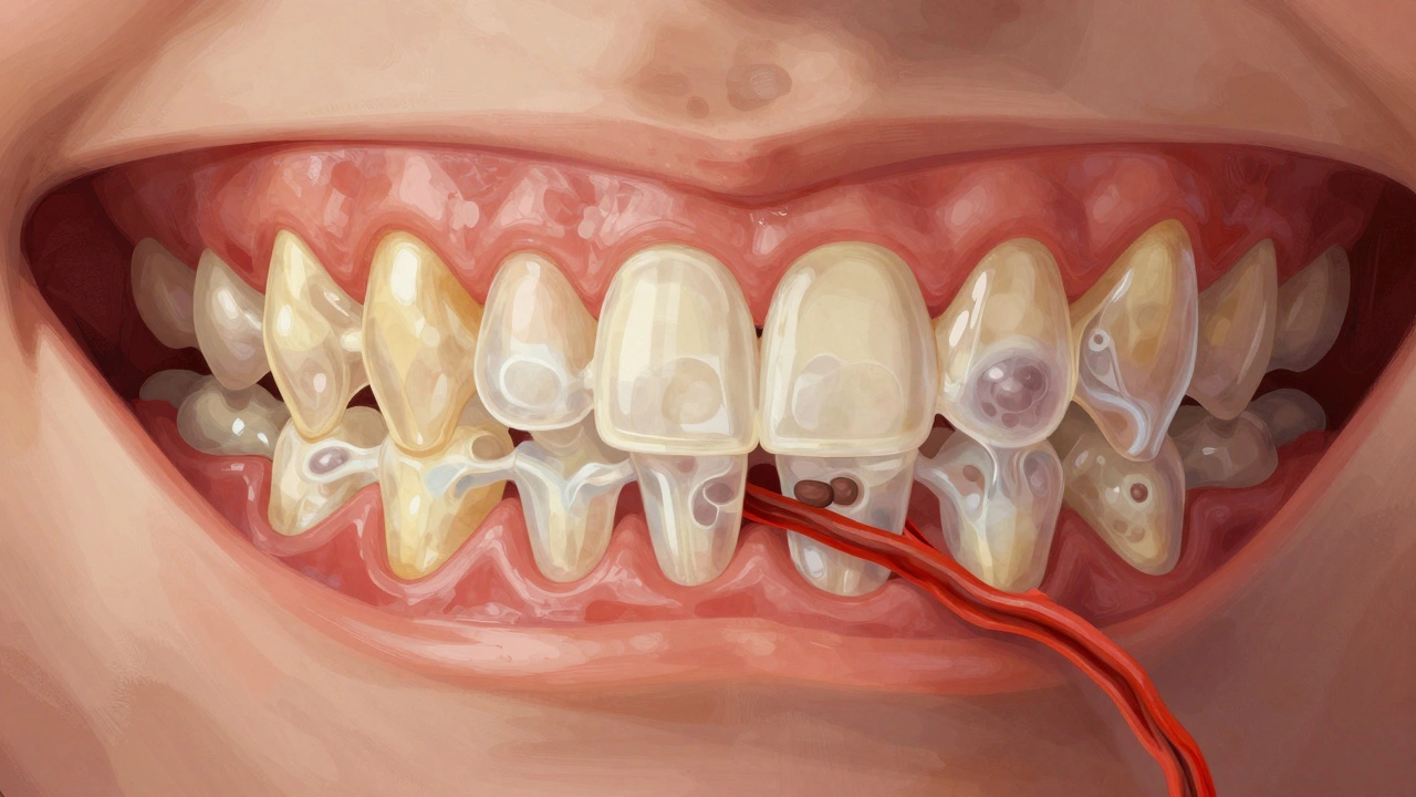 Přehled čelisti s skrytým zubním kamenem a ztrátou kosti kolem zubů.
