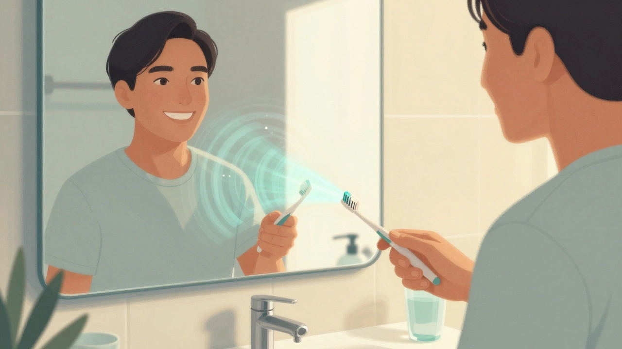 Přehledný obraz zdravého úsměvu s ultrazvukovými vlnami odstraňujícími zubní kámen pod dásněmi.