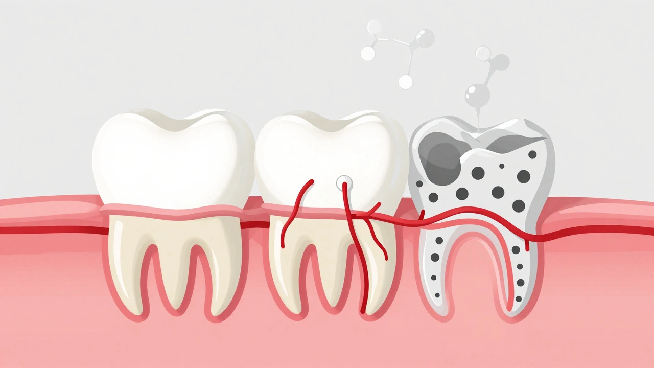 Přehledový náčrt zubu s průnikem bělicího gelu do mikrokanelárek smaltu a nervů.