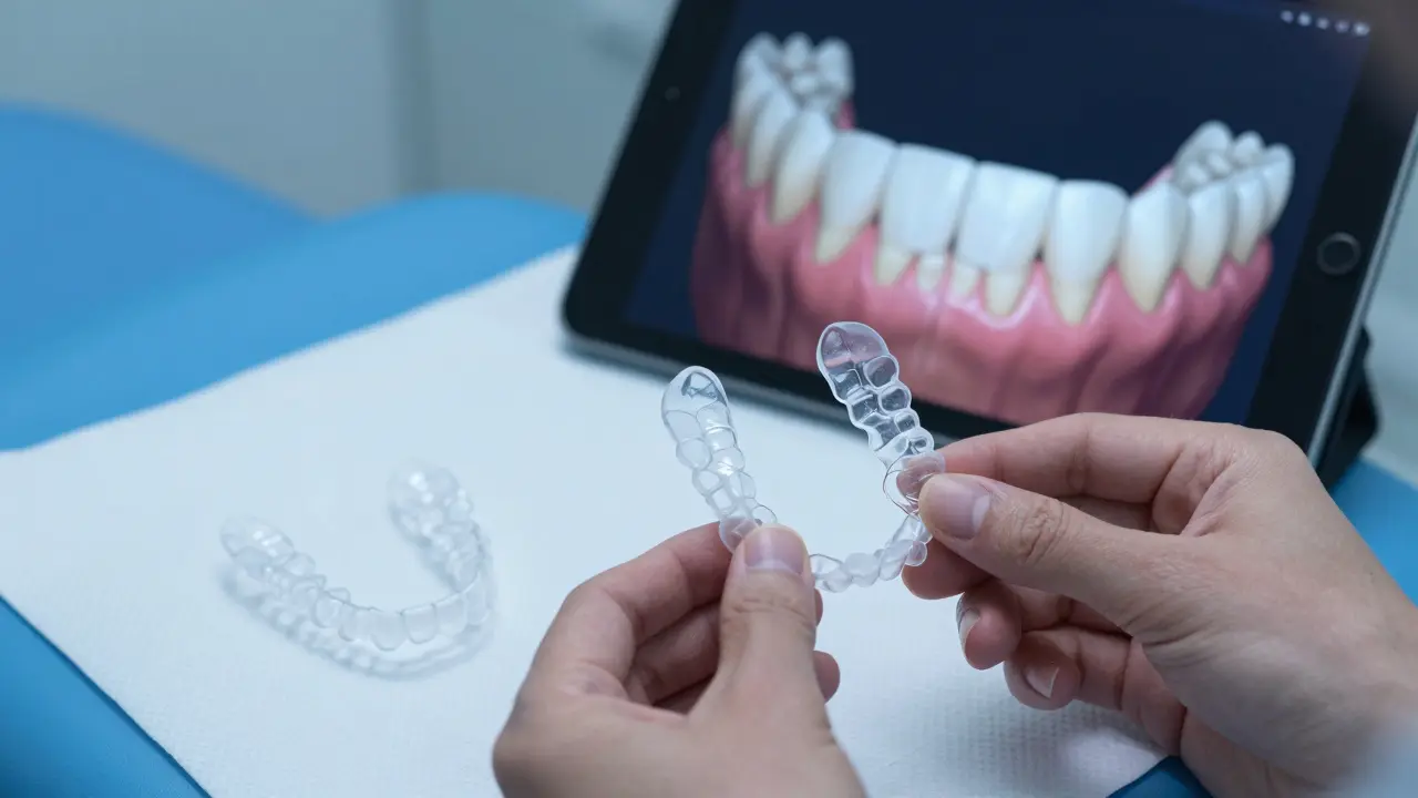 Průhledné alignery a digitální 3D vizualizace posunu zubů na klinickém stole.