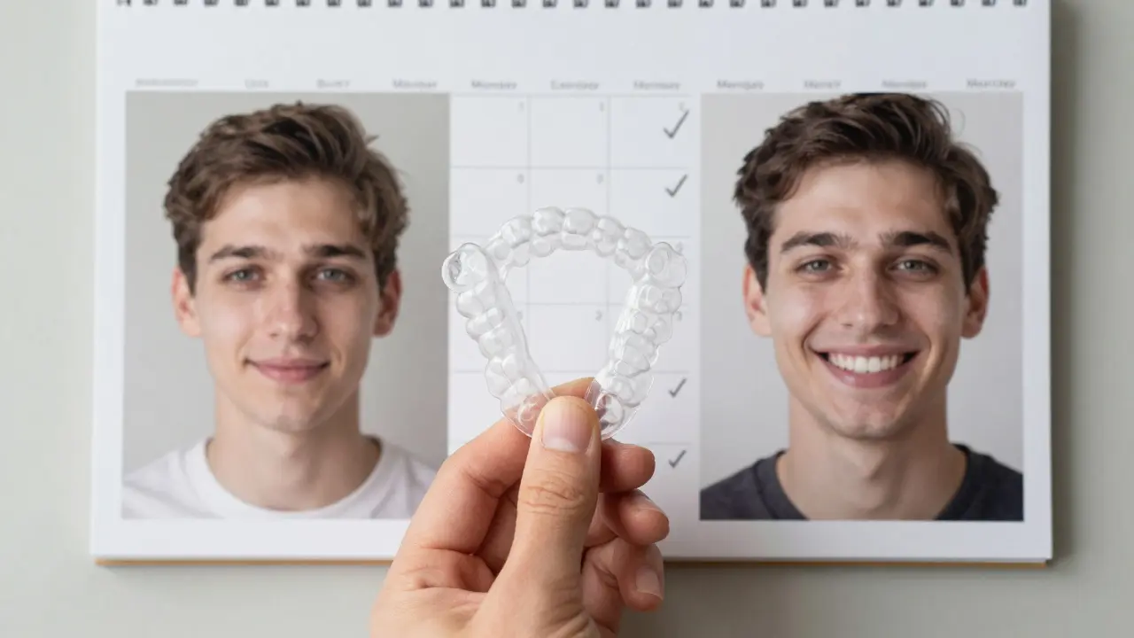 Průhledný ortodontický držák vedle fotek před a po úpravě úsměvu.