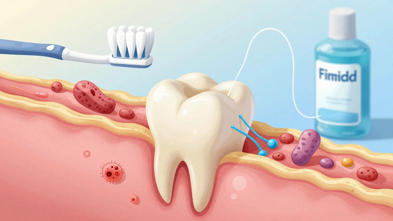 Průřez zubu ukazující remineralizaci skloviny fluoridem při počínajícím kazu.