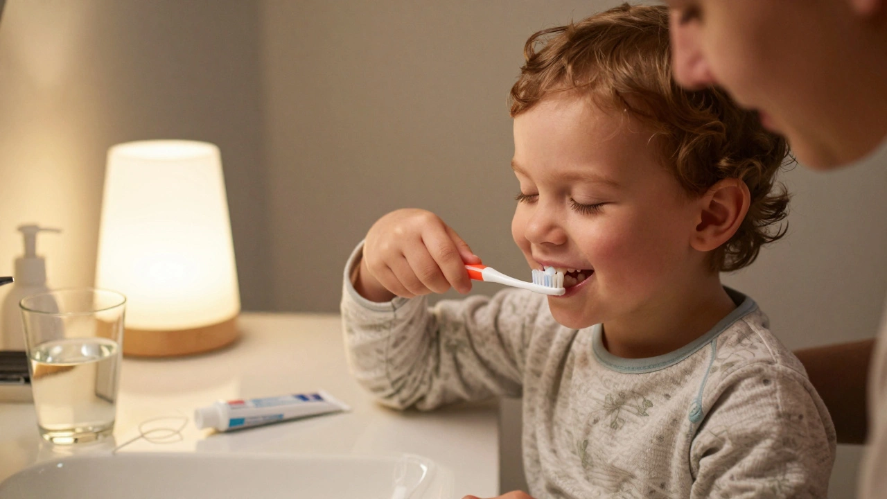 Rodič čistí zuby malému dítěti s malým množstvím fluoridové pasty.