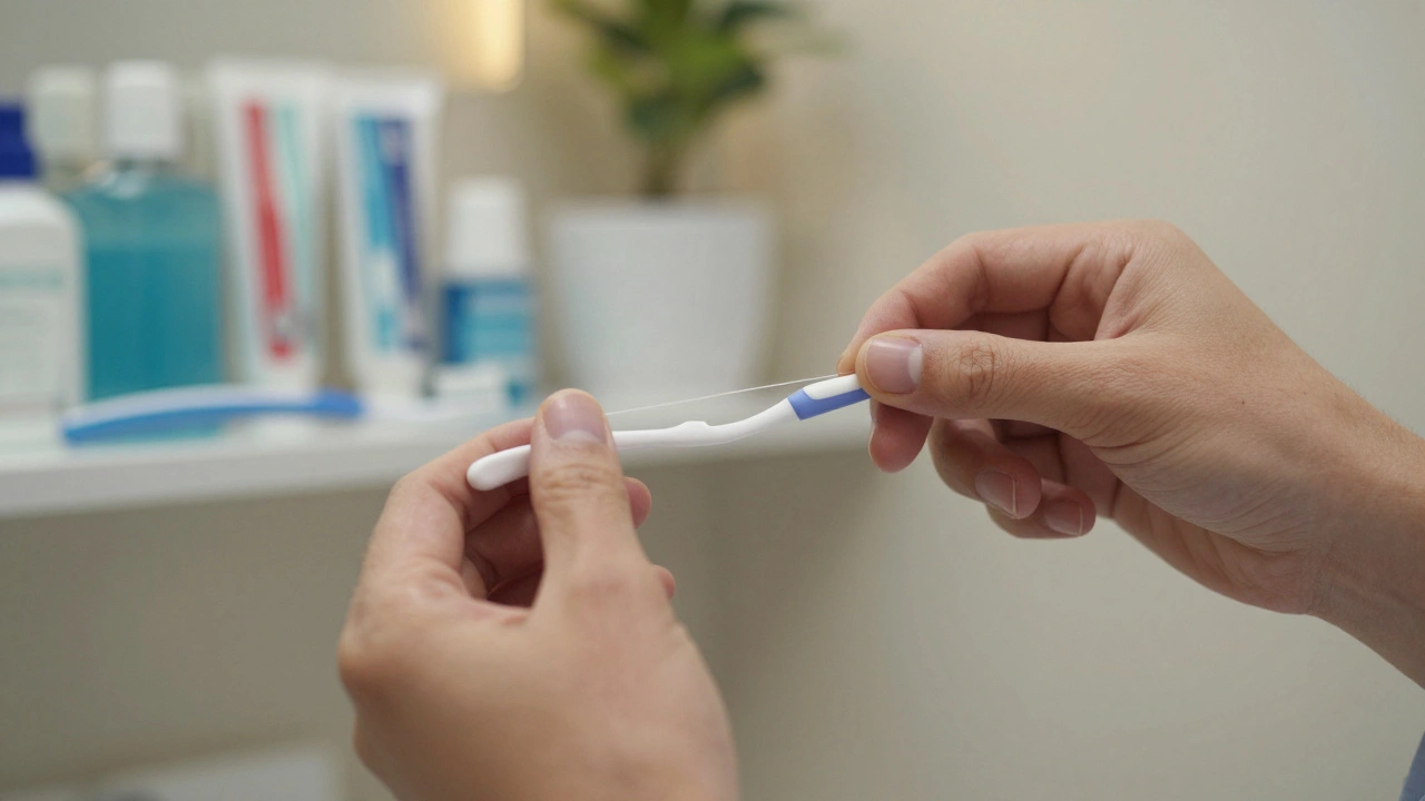 Ruce používají zubní nit a mezizubní kartáček pro důkladné čištění mezi zuby.