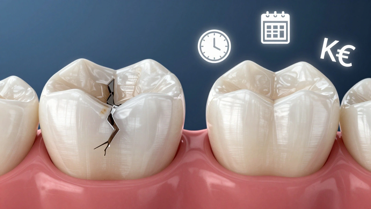 Side-by-side comparison of worn composite filling versus durable ceramic onlay.