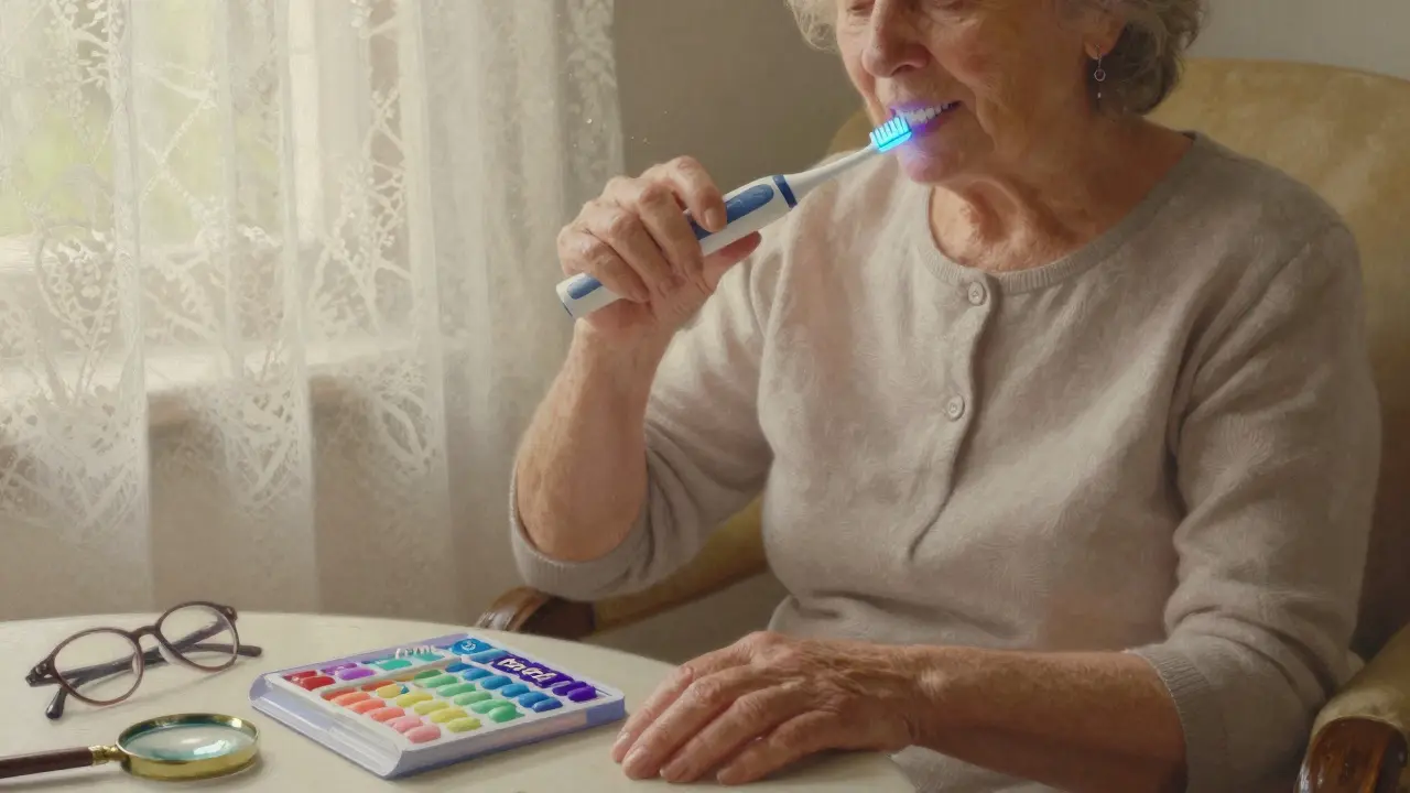 Stará žena používá elektrický mezizubní kartáček v křesle s barevně označenými kartáčky na stole.