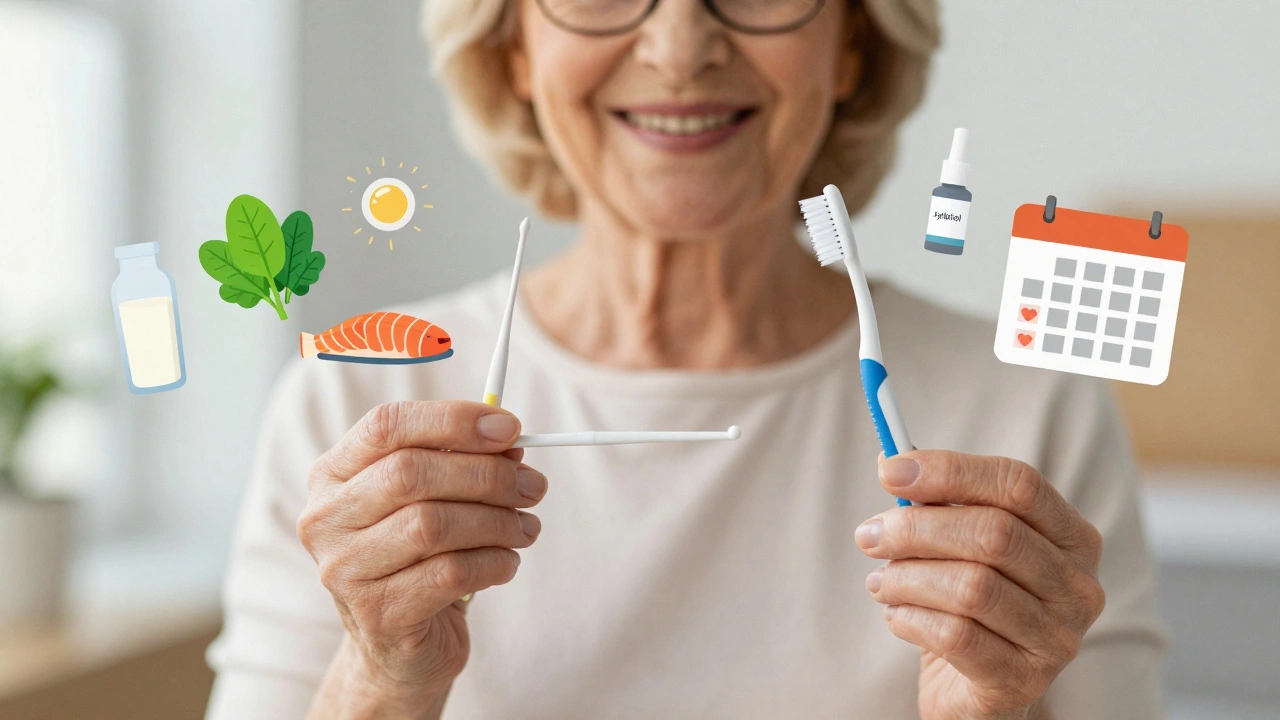 Stará žena se usmívá, drží čisticí tabletu a kartáček s pohodlnou rukojetí, kolem ní jsou potraviny bohaté na vápník.