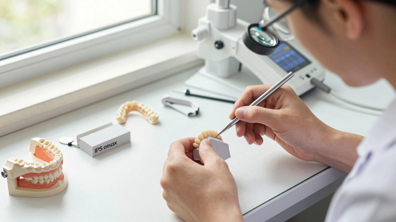 Technik v laboratoři ručně políruje keramické fazety na pracovním stole.