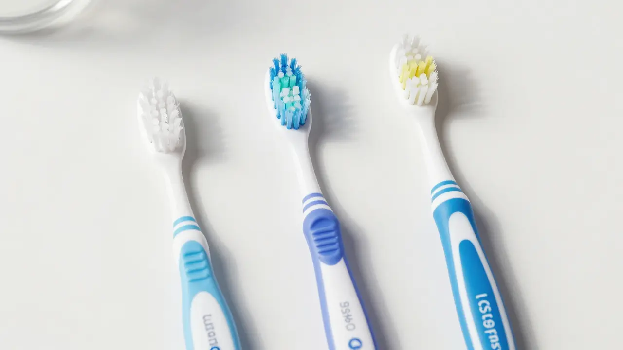 Tři dětské zubní kartáčky podle věku s různou velikostí hlavičky a rukojetí.