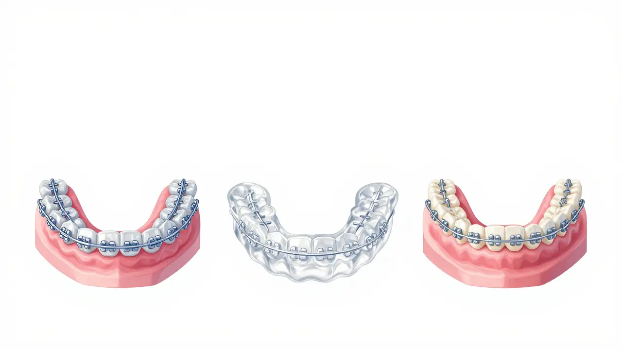 Tři druhy moderních rovnátek: keramické, průhledné a interní, znázorněny vedle sebe.