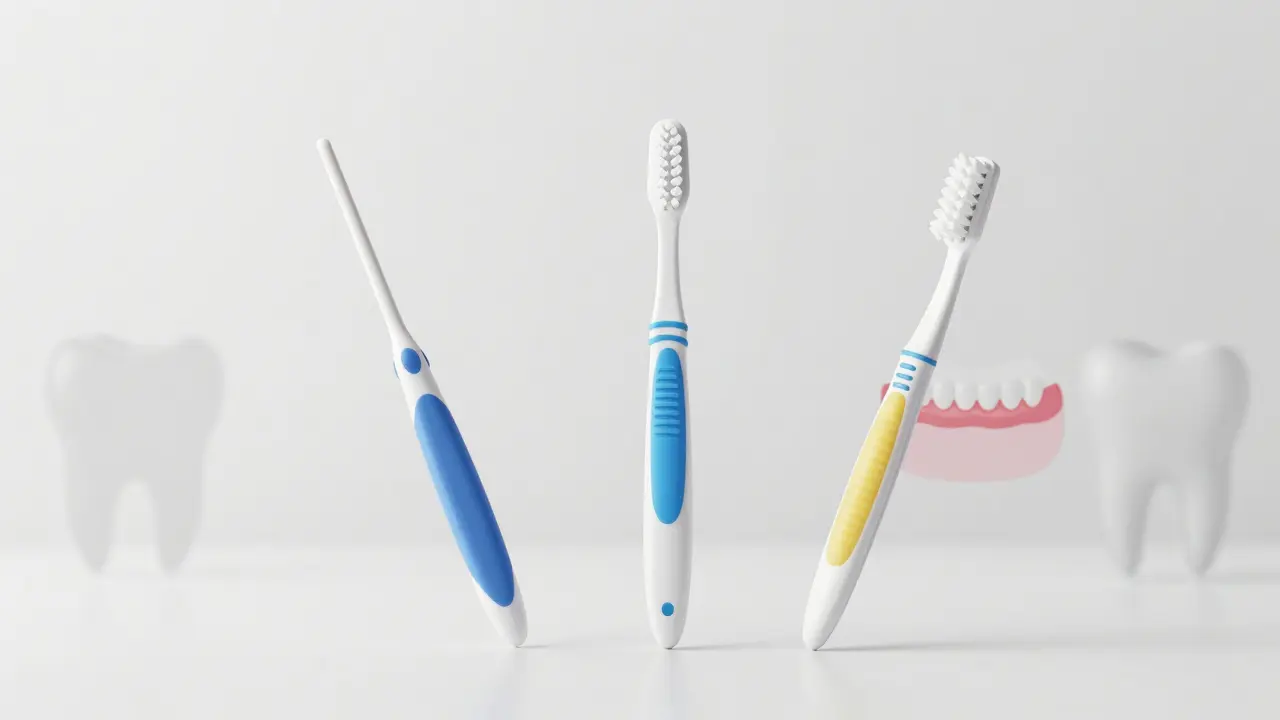 Tři mezizubní kartáčky symbolizující potřeby starších lidí: dlouhá rukojeť, měkké štětinky a barevné kódování.