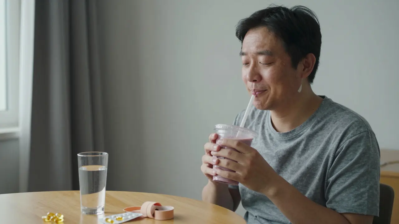 Vybavený pacient v klidu doma po operaci, pije hladkou směs