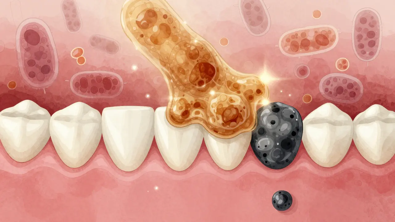 Vývoj plaku v zubní kámen na hranici dásně s viditelnými bakteriemi a zdravým zubním emailem.