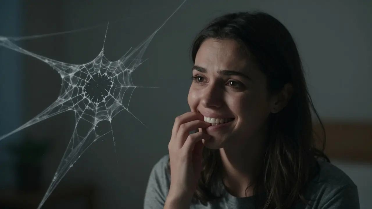 Žena se zastavila před smíchem, kolem ní plavou průhledné praskliny jako pavučiny.