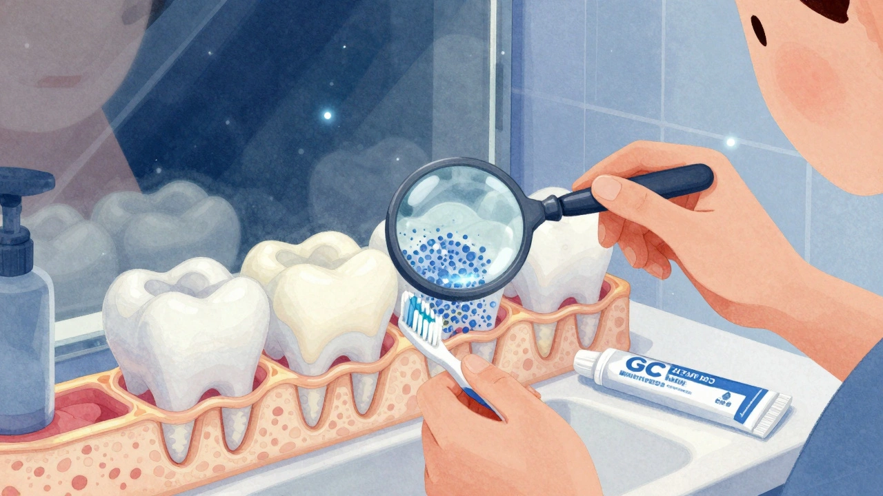 Zub pod zvětšovacím sklem, kde se na sklovině tvoří minerální krystaly během noční remineralizace.