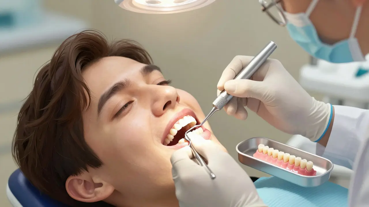 Zubař odstraňuje staré fasety z předních zubů pacienta.