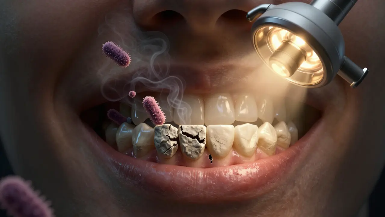 Zubní kámen v dásních s bakteriemi a světlem z dentální lampy.