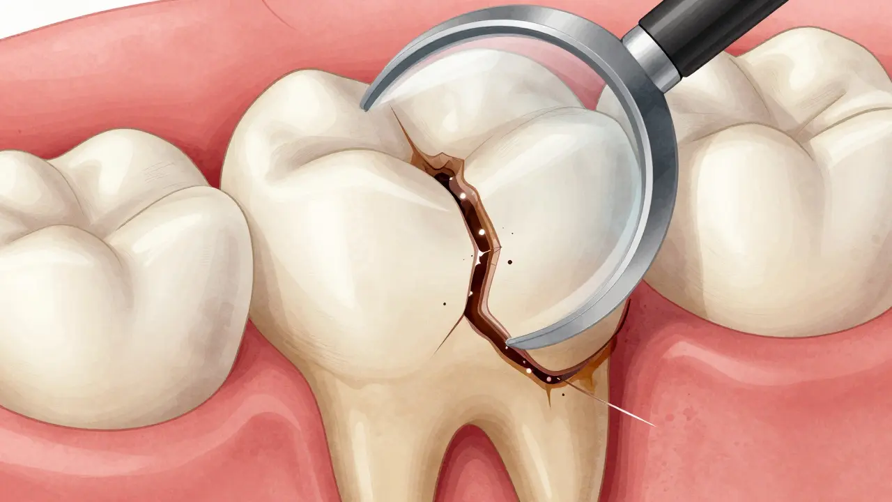 Zvětšený pohled na zub s tmavou trhlinou pronikající do dentinu a vnikajícími barvivy.