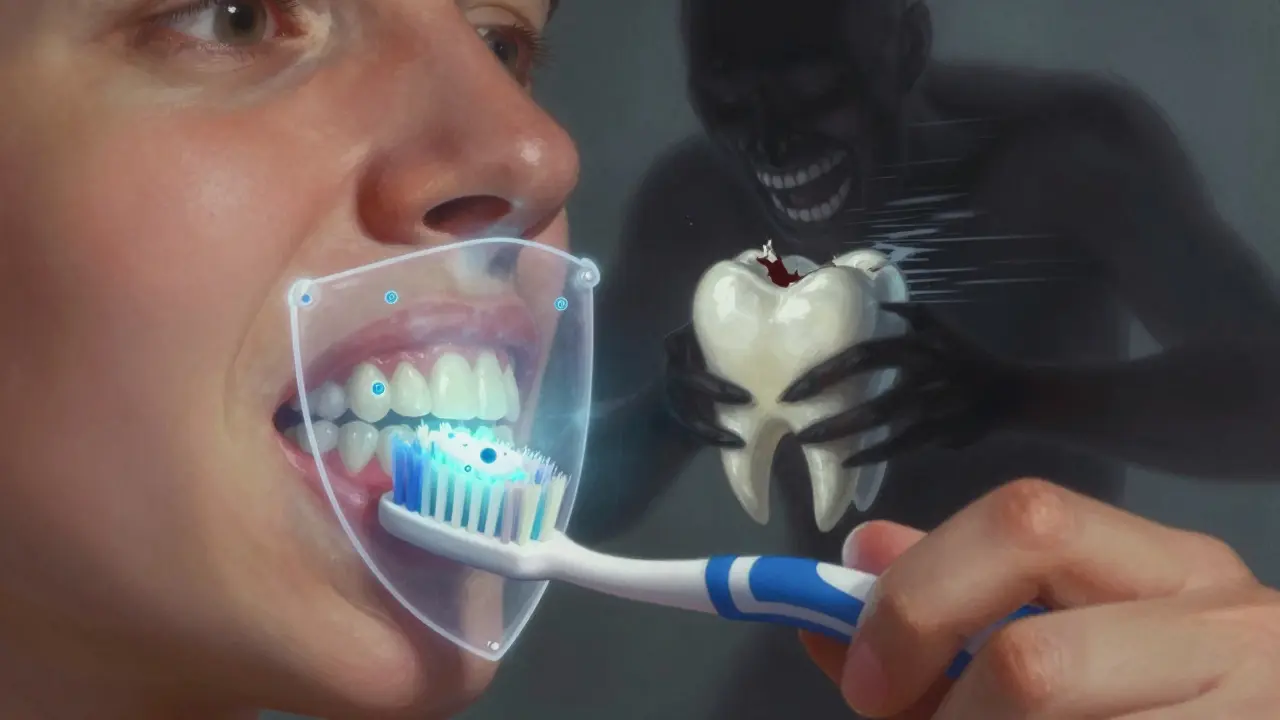 Čištění zubů jemným kartáčkem s ochrannými molekulami, proti kyselým potravinám a škrábání