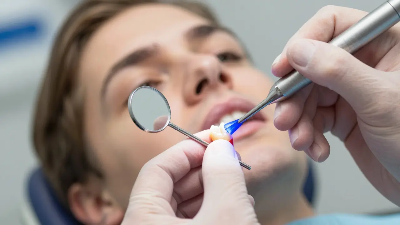Dentista aplikuje kompozitní hmotu na zub pomocí malého štětce a modrého světla.