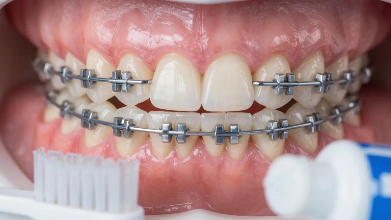 Detail zubů s přechodnými keramickými závěsy a interdentálním kartáčkem.