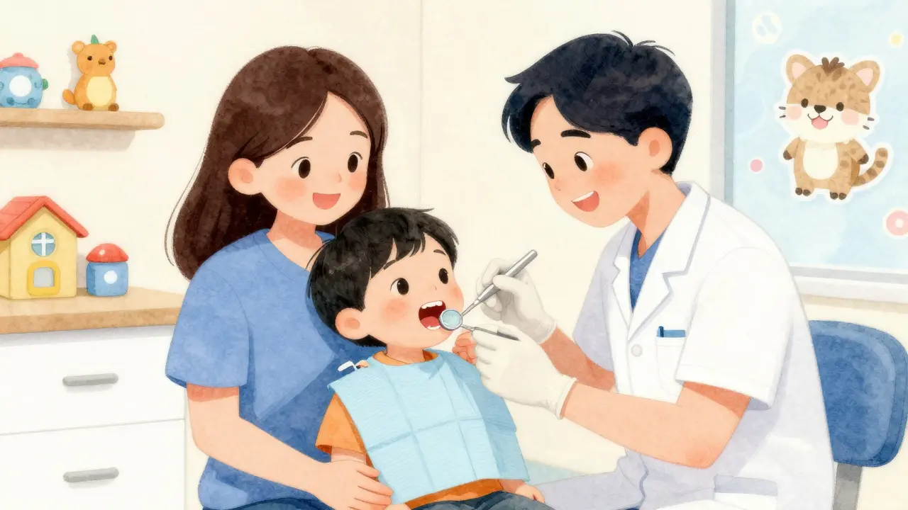 Dětský zubní hygienista vyšetřuje dítě v přívětivé zubní klinice.