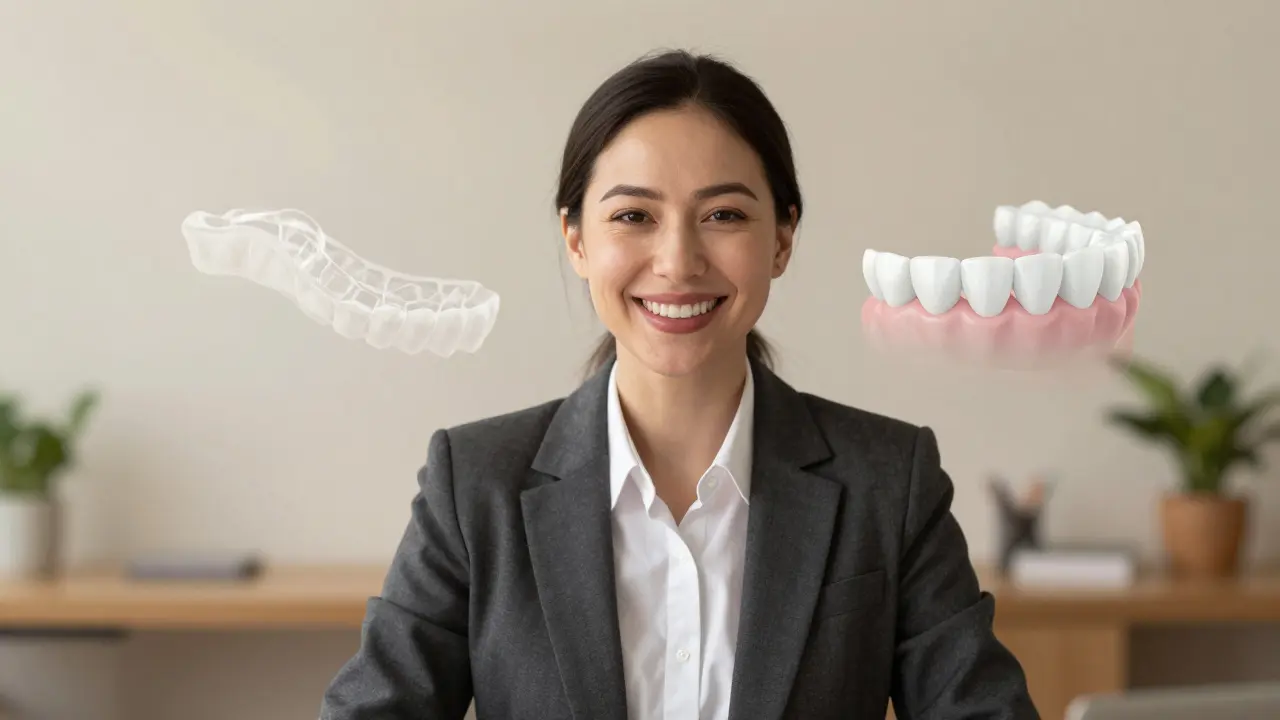 Dospělý muž v obleku se usmívá během videokonference s téměř neviditelnými rovnátky, za ním digitální představa pohybu zubů.