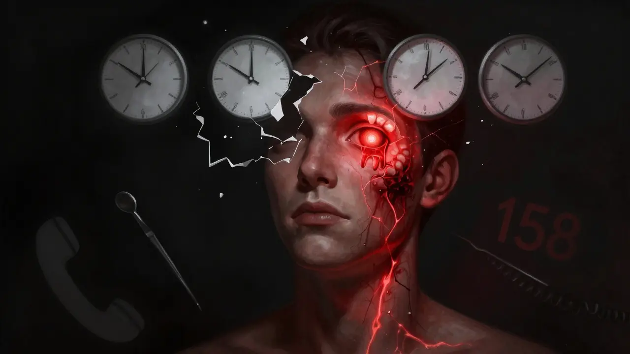 Infekce se šíří z zubu k oči a krku, symbolizující nouzový stav.