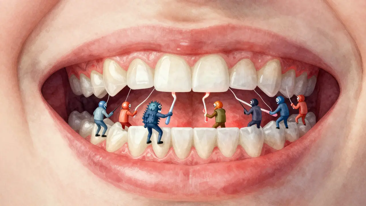 Koncepční ilustrace boje mezi kartáčky a plakem mezi zuby.