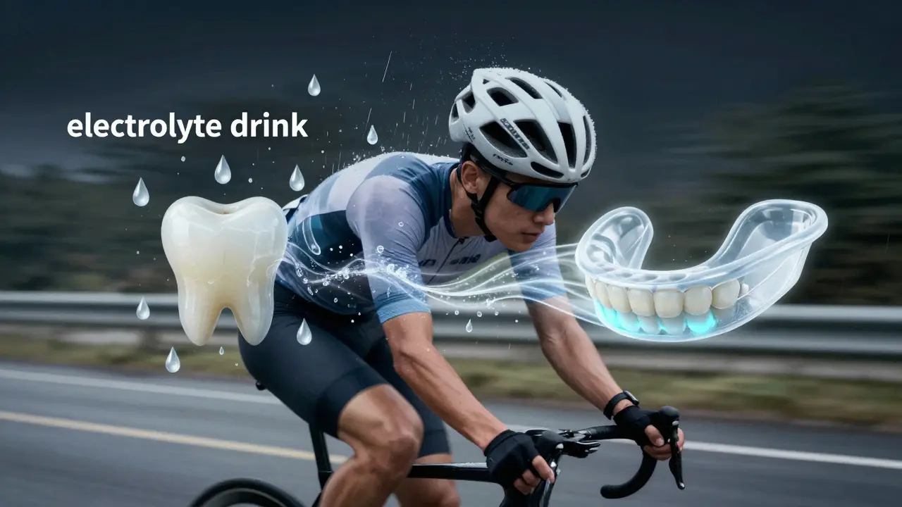 Koncepční obrázek cyklisty s kyselými kapkami ničícími jeho zuby, zatímco ochranná štítovka svítí jako brnění.