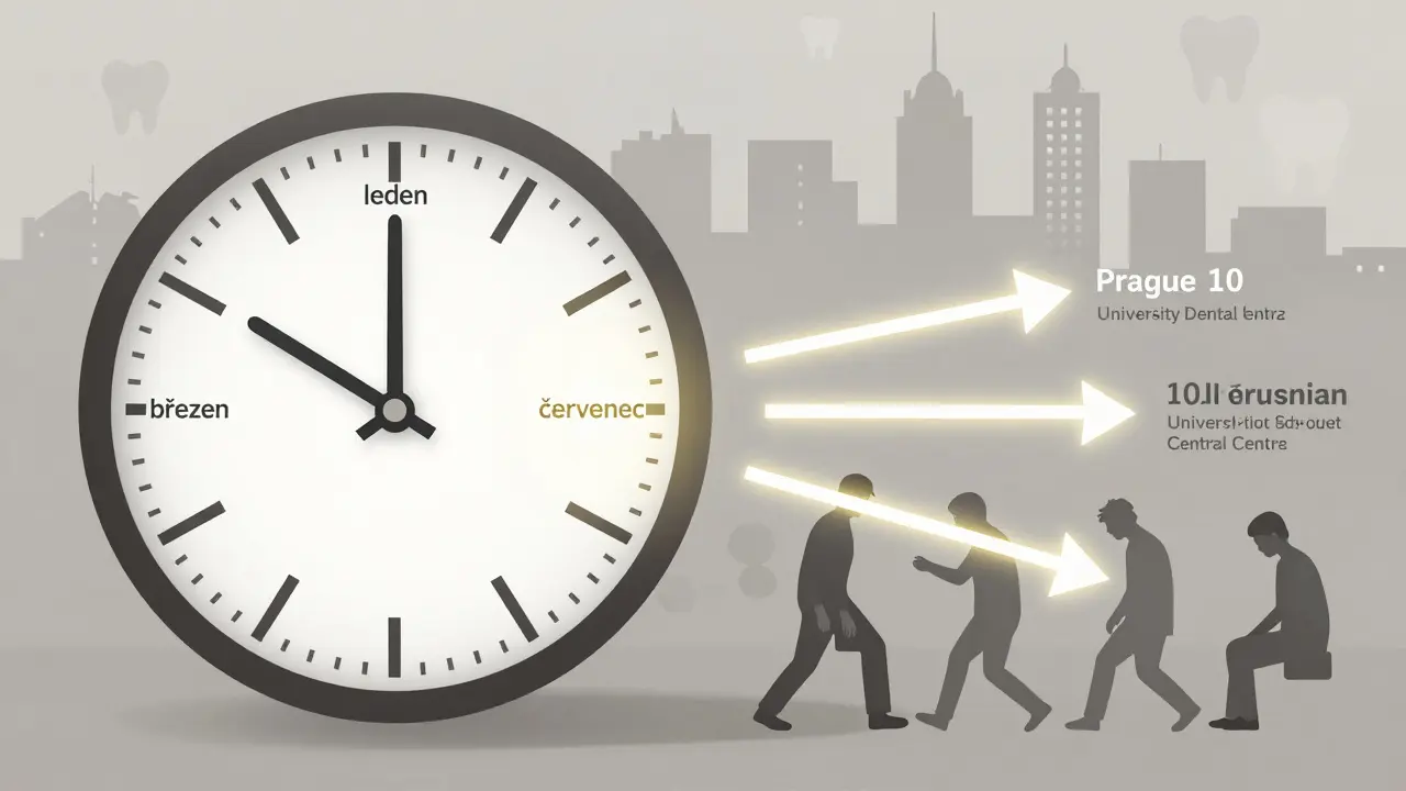 Koncepční obrázek s časovými okny pro hledání zubního lékaře v Praze a směry k volným ordinacím.
