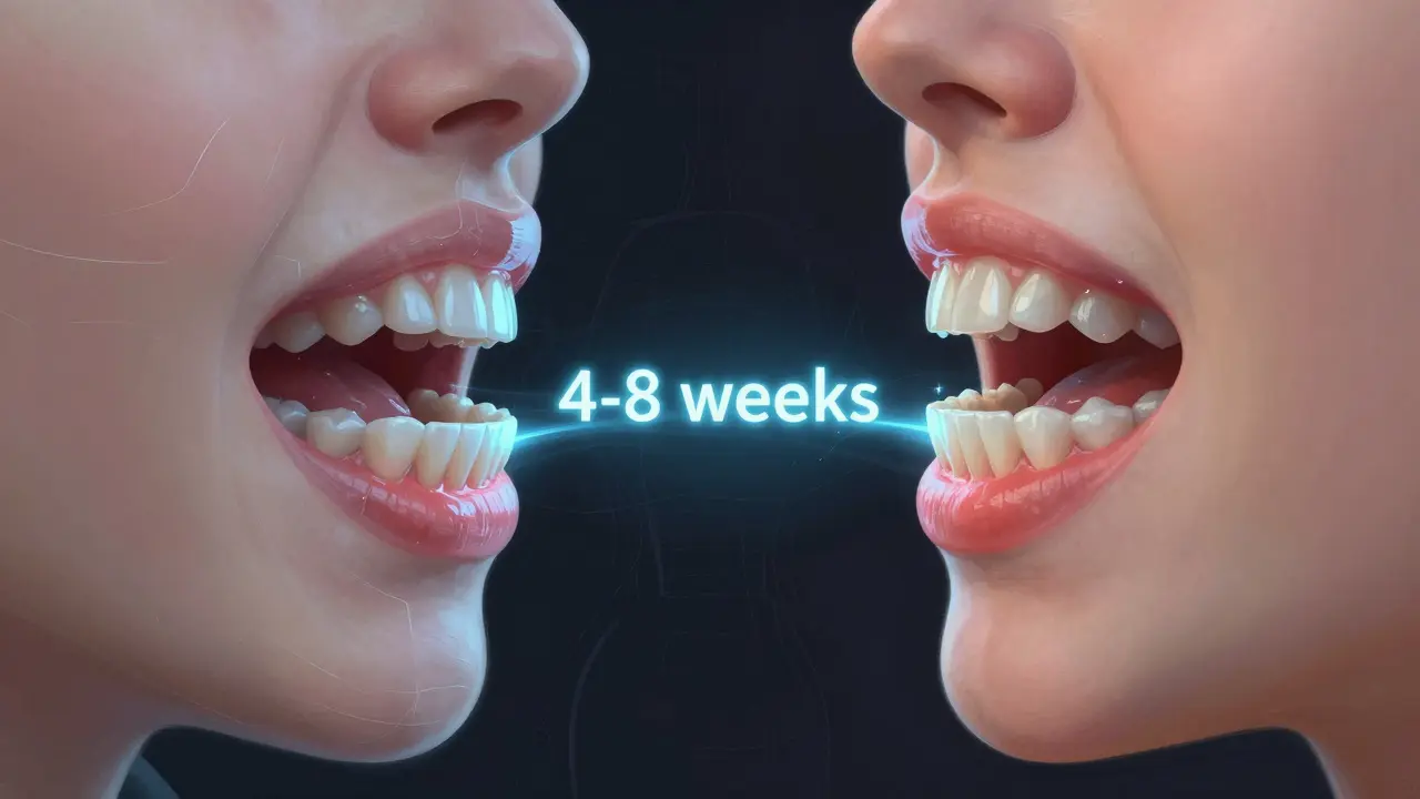 Koncepční obrázek srovnává nezdravé a zdravé dásně pod protézou s cestou přizpůsobení.