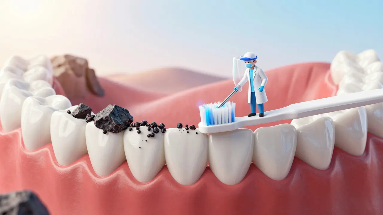 Konceptuální obrázek zubního kamene jako černých skal na dásních s hygienistou, který jej odstraňuje.