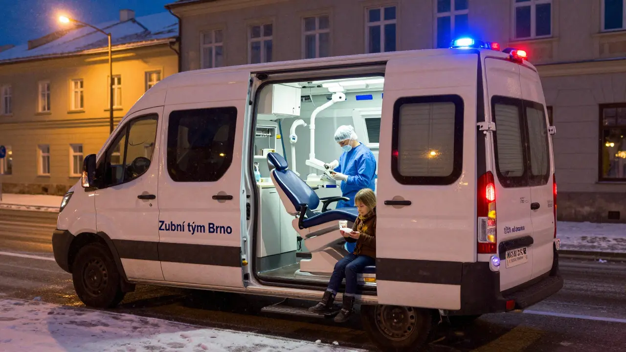 Mobilní zubní jednotka na ulici v Brně s otevřeným výbavou, dítě drží zub v mléce.