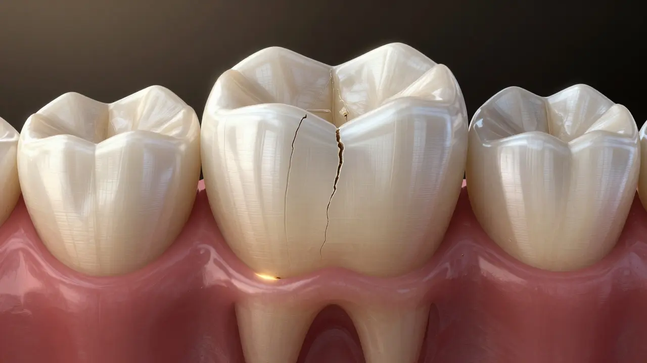 Molár s prasklinou a zánětem dásní, s viditelnými zbytky jídla.