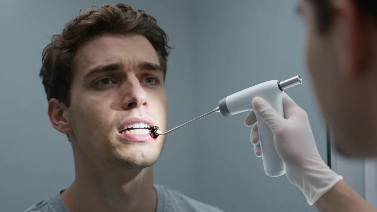 Osoba hledí do zrcadla s viditelným zubním kamenem na zubech.