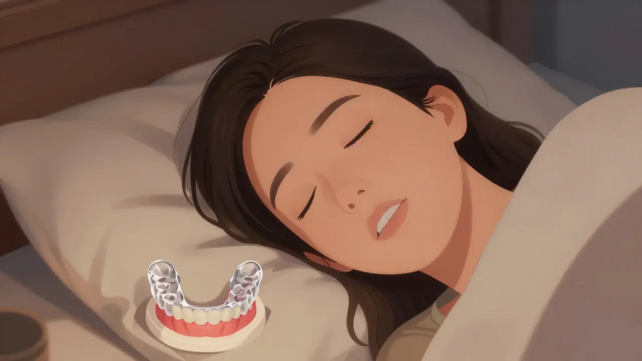 Pacient nosí noční ochrannou štítovku během spánku.