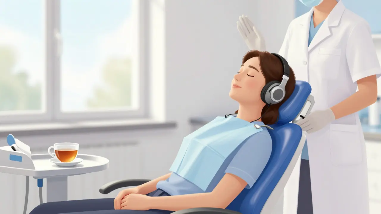 Pacient v klidu ve zubní klinice s hlavovými sluchátky a lékařem v bílém plášti.