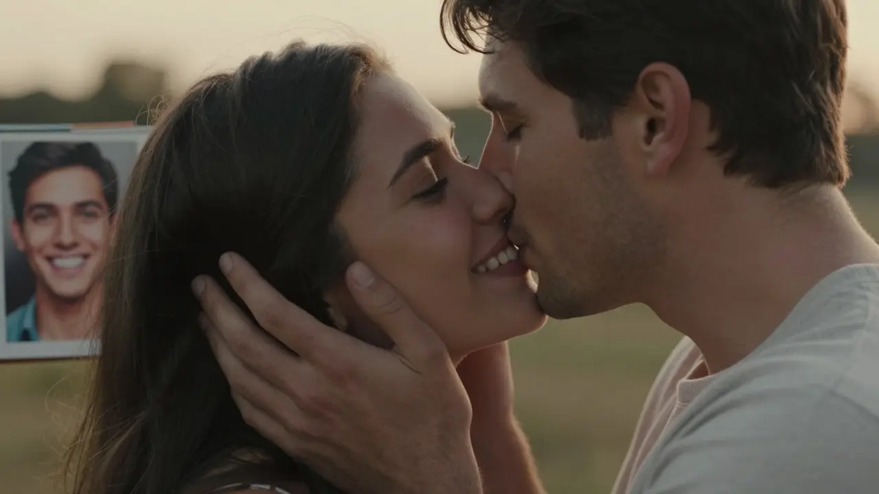 Pár se líbá v teplém večerním světle, oba se smějí přirozeně s plnou řadou zubů.