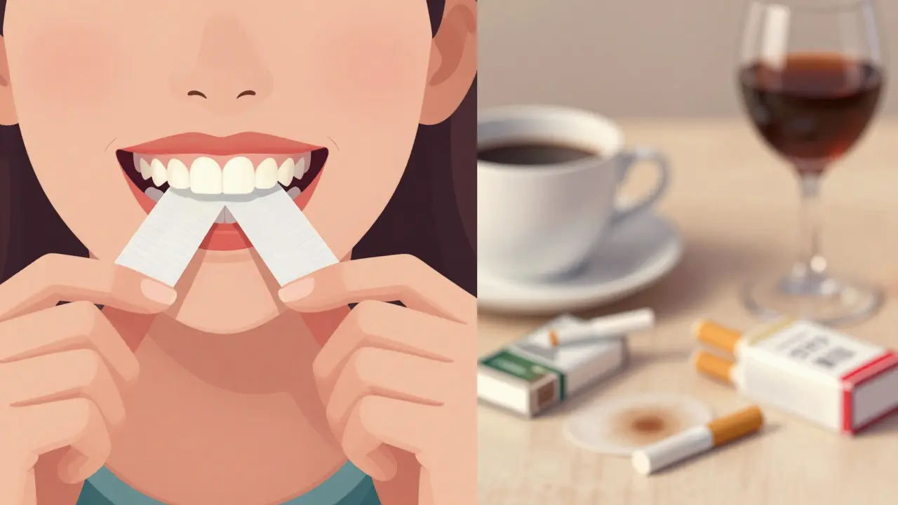 Porovnání zubů před a po profesionálním bělení s kontextem kávy, vína a kouření.