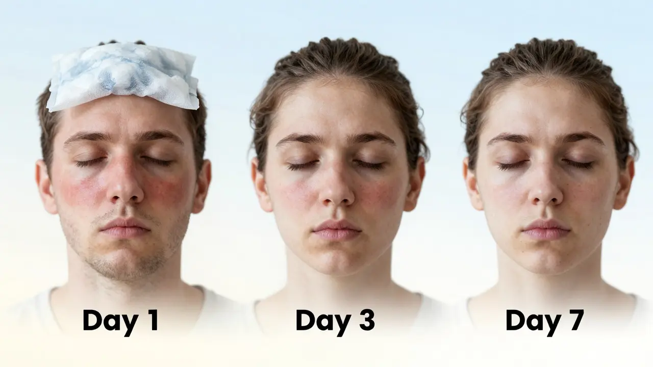 Postupné hojení po extrakci zubu: otok na den 1, zlepšení na den 3, uzdravení na den 7 v jedné scéně.