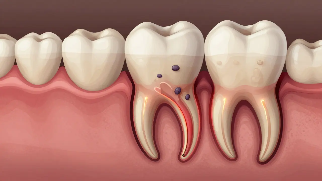 Přehled zdravého a postiženého zubního okolí s kámen a infekcí.