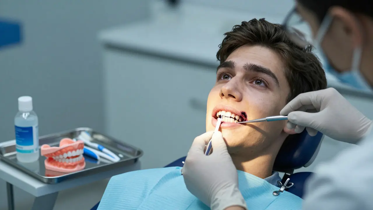 Sportovec v zubní klinice sleduje rentgenový snímek poškozených zubů.