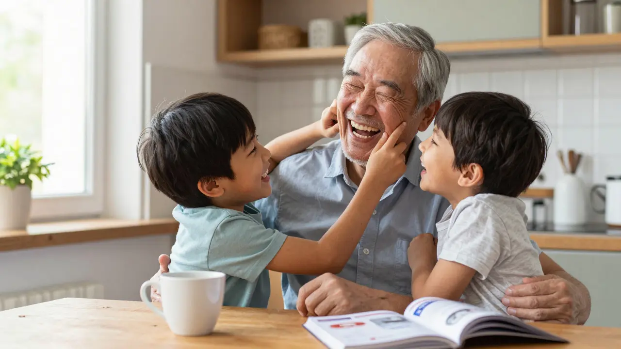 Starší muž se směje se svými vnoučaty v kuchyni, jeho úsměv je plný a šťastný.