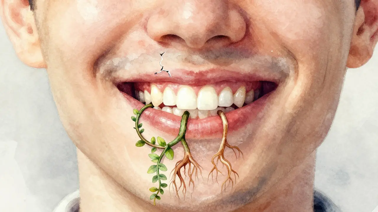 Symbolický obrázek hojení dásní jako růstu zelených výhonků kolem zubů.