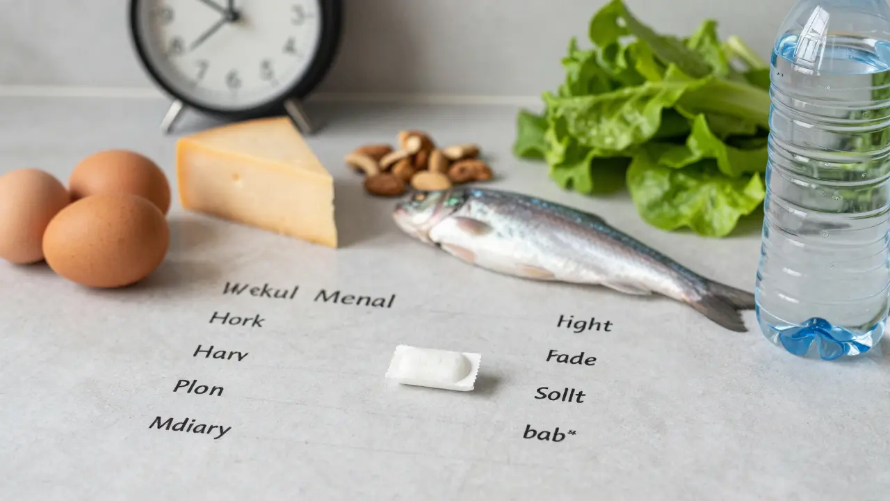 Týdenní plán stravy s zdravými potravinami a žvýkačkou s xylitol.