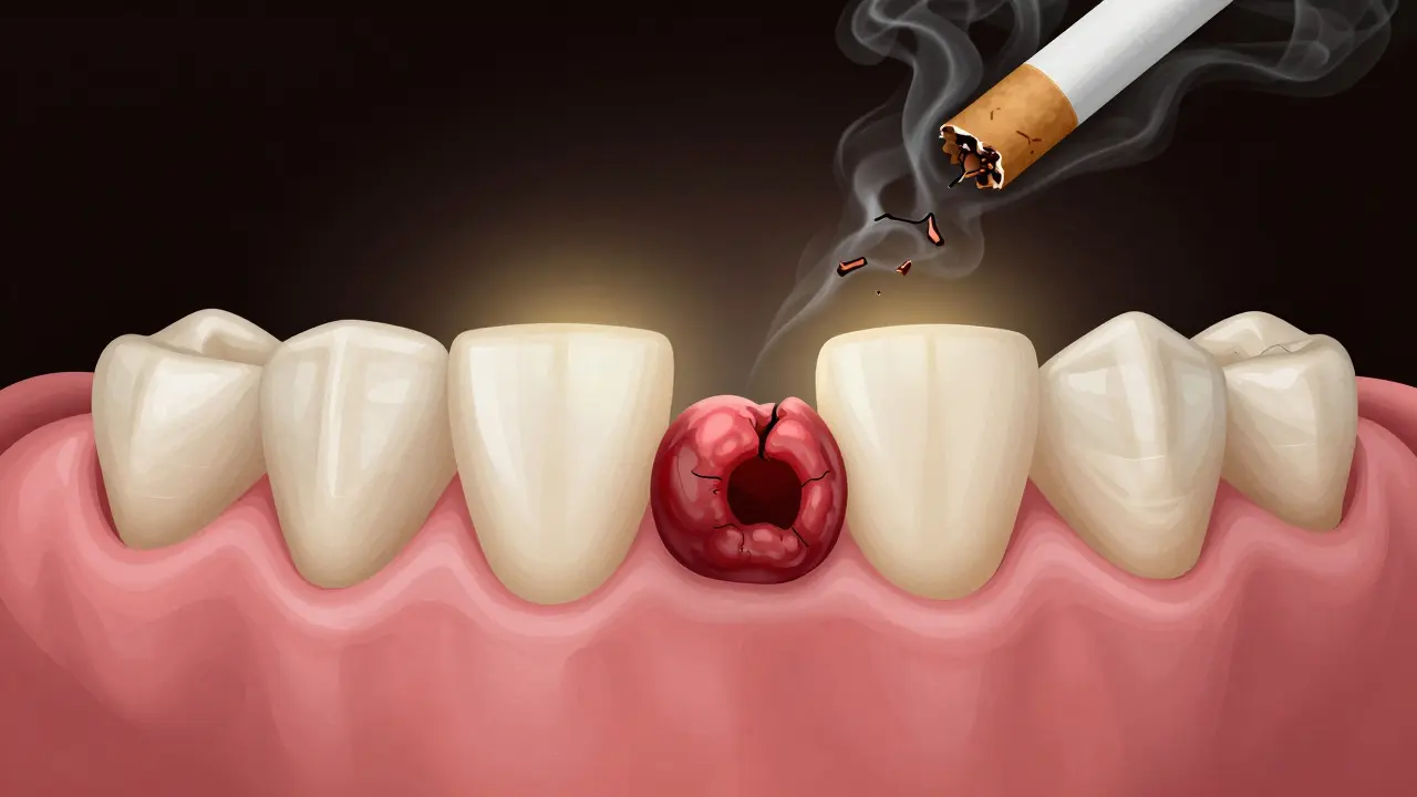 Zdravá krevní sraženina v jamce zubu s teplým zářením, proti temnému pozadí s kouřem jako rizikem suché jamky.