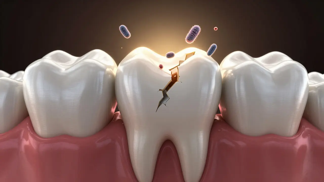 Zub chráněný keramickou korunkou, která blokuje bakterie.